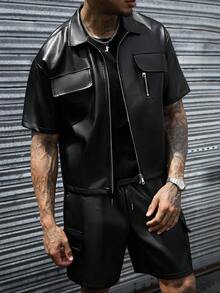 SLATEMANN Men's Cargo Pocket Zipper Placket Short Sleeve Shirt And Shorts Set, Ceremony - Black - View 5