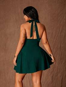 Rustia Plus Size Minimalist Hot Girl Fashion Design Deep V Halter Neck Lace-Up Waist-Cinched Dress Cocktail Dark Green Summer - Dark Green - View 2