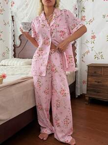 CottageSlumber Floral Print Lapel Short Sleeve Long Pants Pajama Set - Baby Pink - View 3