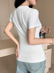 Feyla New French Style V-Neck Boning Short Sleeve Minimalist Modest Inner Layer Slimming Fitted Solid Color Versatile Top T-Shirt Office White Summer - White - View 7