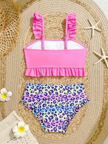 SHEIN Tween Girl Colorful Leopard Print Pink Ruffle Swimsuit Set - Pink - View 2
