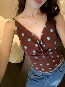 DAZY 女款波點印花垂領細肩帶背心 - 咖啡棕 - 查看 5