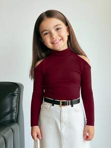 Firerie Kids Firerie Kids 少女純色立領鏤空肩休閒T恤，女童修身復古羊腿袖假領T恤，運動風，適合休閒、日常穿著、秋冬校園穿搭，酷街頭風，日常穿著，校園穿搭，Y2k女孩，休閒可愛，姐妹裝，母女裝 - 酒紅色 - 查看 4