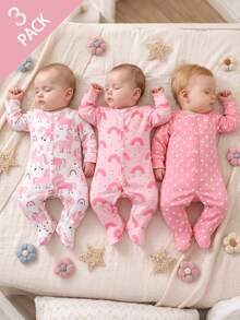 3pcs Newborn Baby Girls' Sweet Unicorn Print Long Sleeve Romper Set, Basic Outfit For All Seasons, Pink - Pink - View 3