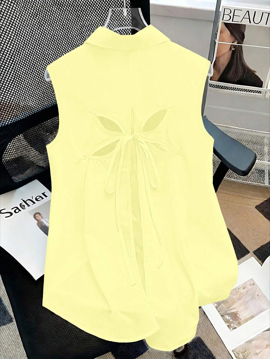 SHEIN LUNE CURVE 大尺碼女款素色優雅後背蝴蝶結襯衫 - 淡黃色 - 查看 1