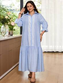 Rosumi Vestido Casual de Festa e Viagem com Listras, Blocos de Cores e Pregas para Mulheres - Multicolorido - Visão 3