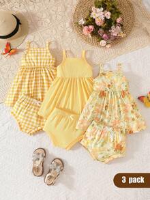 SHEIN Playful Pals 3pcs/Set Baby Girl Skin-Friendly Soft Cute Fashionable Suspenders Pants Set - Yellow - View 3