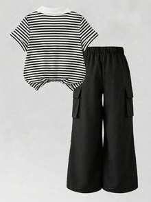 SHEIN 青少年女孩休閒學院風黑白條紋 Polo 領短袖上衣 + 黑色多口袋寬腿工裝褲 2 件套，百搭寬鬆版型，夏季校園休閒穿搭，學生日常通勤與運動套裝，返校季 - 黑色 - 查看 3