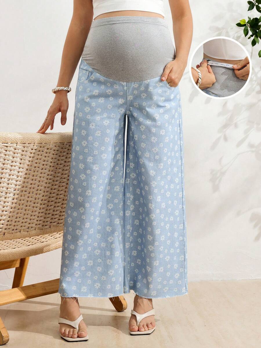 SHEIN 孕婦可調腰圍雛菊圖案寬腿牛仔褲 - 淺色水洗藍 - 查看 1