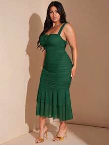 SHEIN BAE Plus Size Women's Spring/Summer V-Neck Ruched Ruffle Mid-Length Fitted Dress, Vacation Party Cocktail Dress Sage Green - Dark Green - View 2