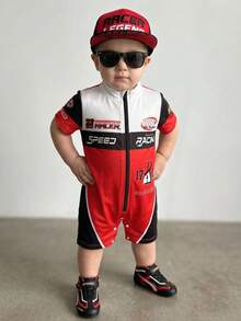 SHEIN Playful Pals 1件男嬰賽車裝可愛夏季紅白條紋連身褲 嬰兒時尚賽車服 拉鍊設計 時尚度假返校服 - 彩色 - 查看 6