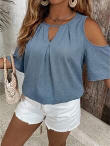 SHEIN VCAY Casual Minimalist Denim Effect Print Plus Size Shirt, Suitable For Summer & Autumn - Multicolor - View 1