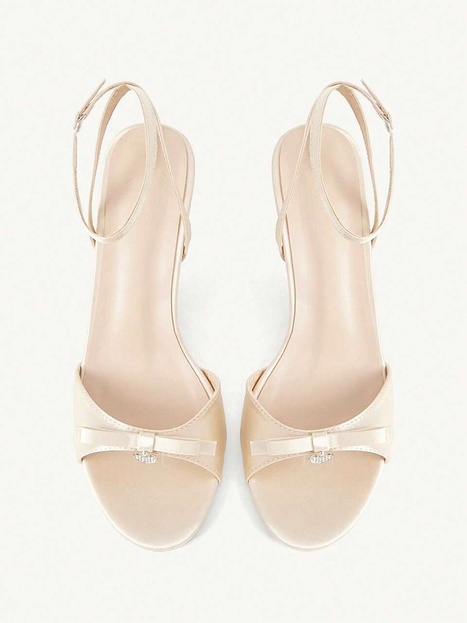 CUCCOO CHICEST Women Shoes Champagne Satin Satin Bow Heart Buckle Decoration Word, Ankle Strap Fashionable Elegance Elegant Spring And Summer Wedding Round Toe High Heel Sandals