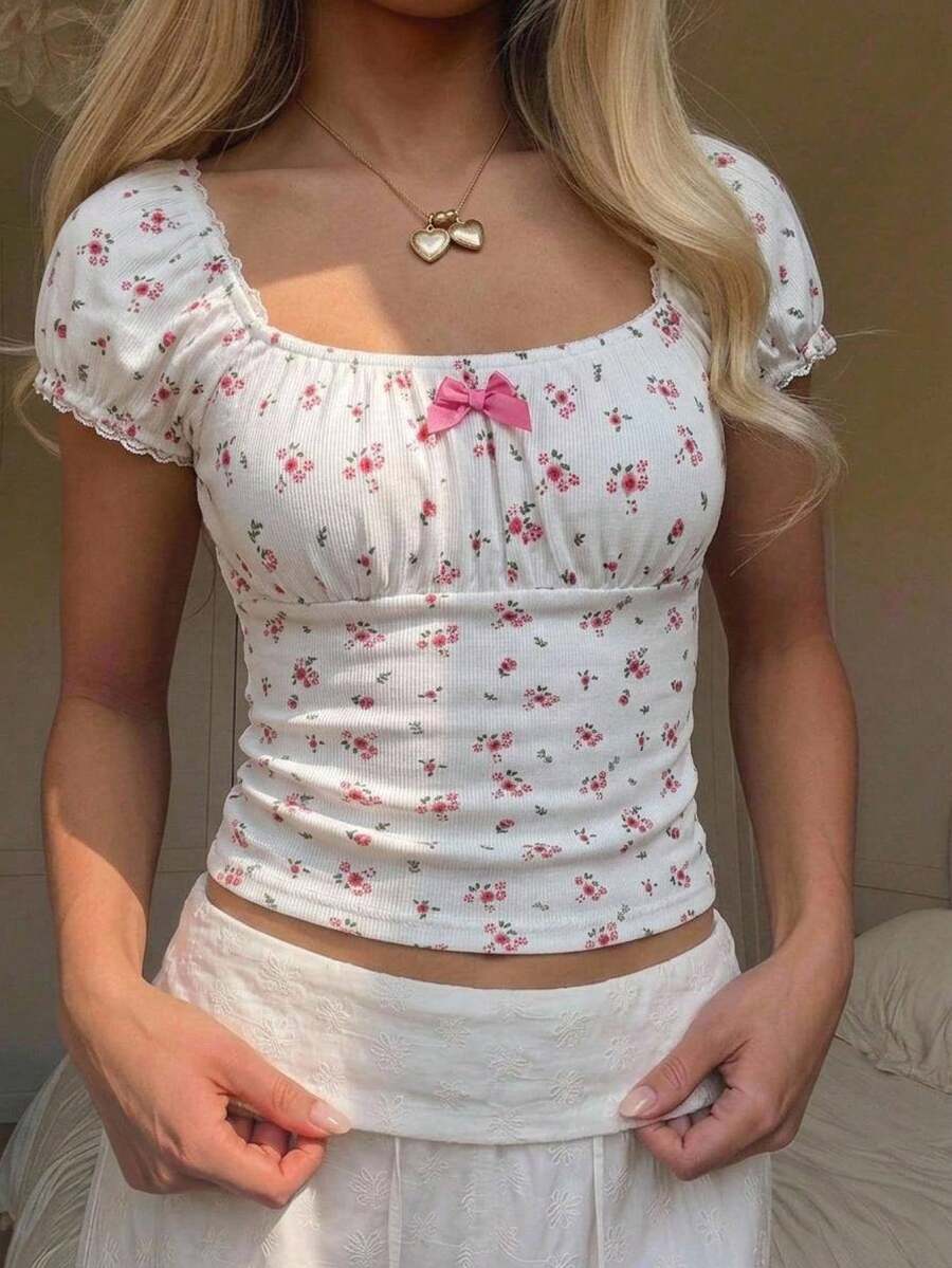 SHEIN Kaos Anak Perempuan Remaja Kasual Nyaman Pas Badan Motif Bunga Kecil - MultiWarna - View 1
