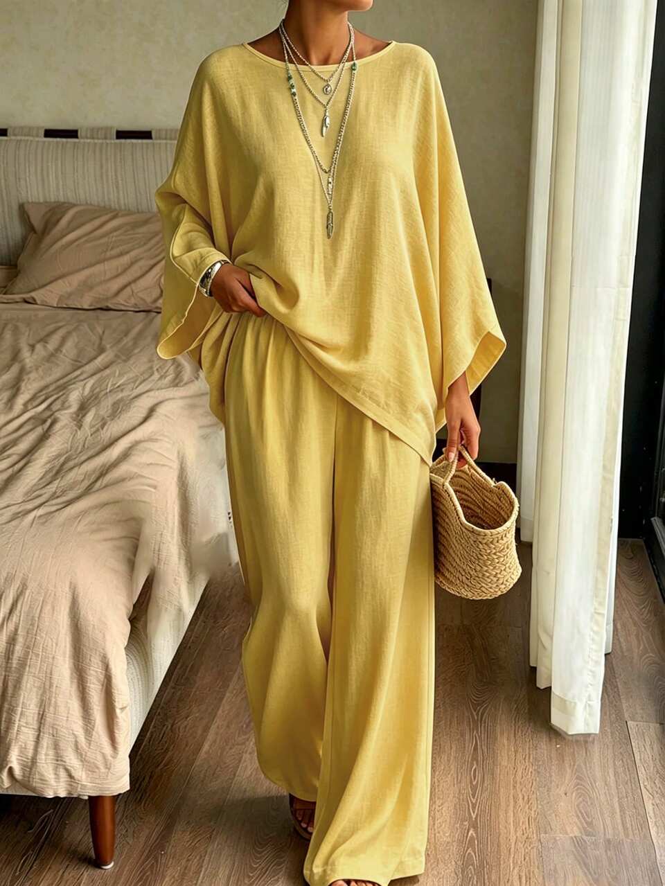 Spring Summer Women's Loose Fit Shirt Blouse Flowy White 2 Pieces Set Lounge Sets For Women