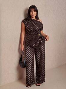 Elaquor Plus Size Women's Polka Dot Asymmetrical Shoulder Ruched Top And Long Pants Casual Daily Two Pieces Set - Coffee Brown - View 1