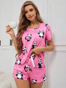 SHEIN 標準尺寸熊貓甜甜圈圖案圓領女款睡衣套裝 - 彩色 - 查看 4