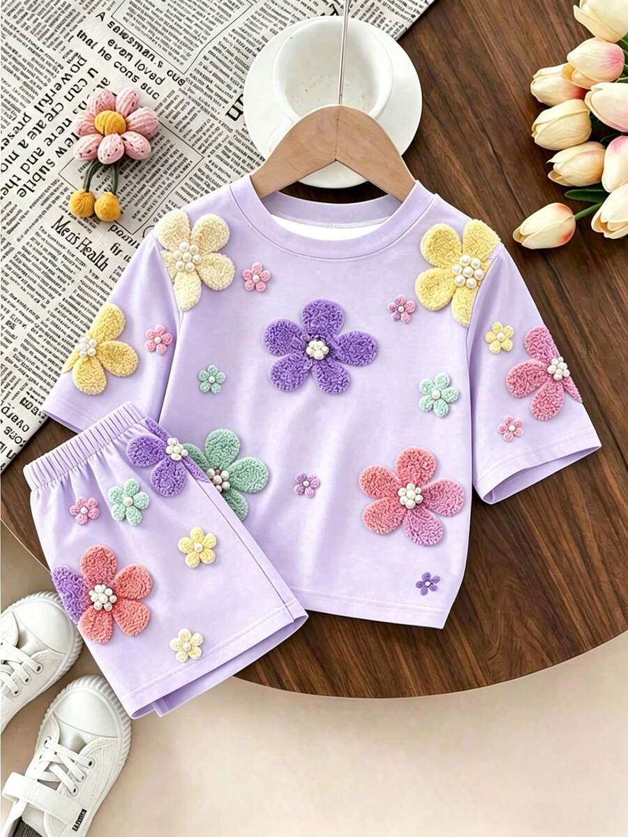 8-12歲女孩夏季兩件套 - 淡紫色3D花朵與珍珠圖案印花裝飾短袖T恤與短褲套裝,可愛甜美休閒童裝 - 彩色 - 查看 1