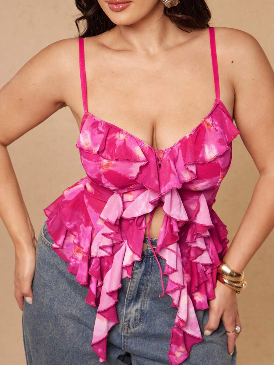 SHEIN BAE CURVE 大尺碼女款紮染印花荷葉邊性感吊帶背心上衣 - 彩色 - 查看 1