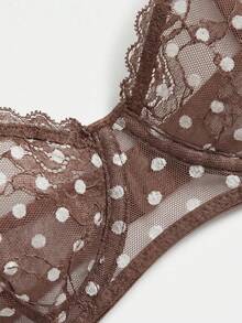 lacRébo Brown Floral Polka Dot Lace Underwired Bra With Ruffle Straps And Sexy Matching Thong - Brown - View 9