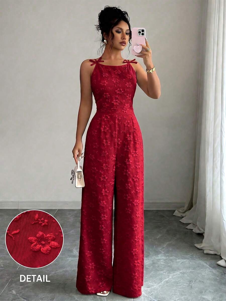 SHEIN Elenzya 女款肩部蝴蝶結與雛菊提花面料收腰寬腿長褲優雅日常通勤連身褲 - 紅色 - 查看 1