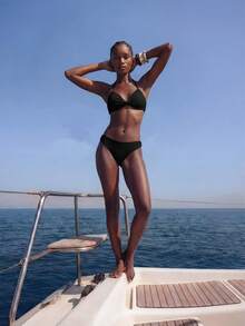 Maija Women's Summer Beach Solid Color Halter Neck Tie Sexy Bikini And Triangle Bottom Two Pieces Swimwear Set Bathing Suits For Women - Black - View 4