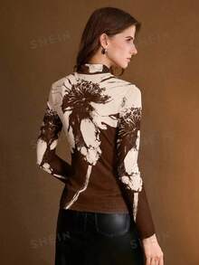 MOTF PREMIUM WOMEN'S SPRING/AUTUMN ELEGANT VINTAGE BOHEMIAN STAND COLLAR LONG SLEEVE FLORAL PRINT SLIM FIT T-SHIRT DAY PARTY EVERYDAY BEIGE - Brown - View 2