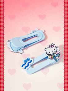 HELLO KITTY AND FRIENDS | SHEIN 4Pcs Sanrio Blue Wavy Edge Cute Kitten Square Tip Clip Seamless Hairpin - Multicolor - View 4
