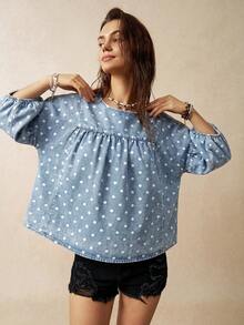 Bohemela Women's French Fashion Polka Dot Print Denim Shirt - Blue - View 6
