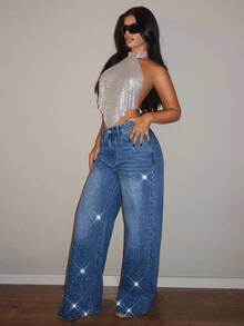 SHEIN PETITE Women's Casual Fashion Shiny Straight-Leg Jeans With Belt Loops, Versatile For Daily Wear - Medium Wash - View 3