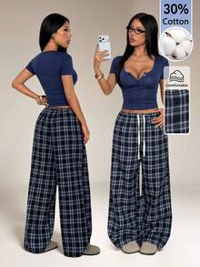 SHEIN PETITE 女士纯色圆领短袖上衣搭配抽绳腰格纹阔腿裤休闲两件套，适合度假、居家办公等各种场合。 - 藏蓝色 - 查看 6