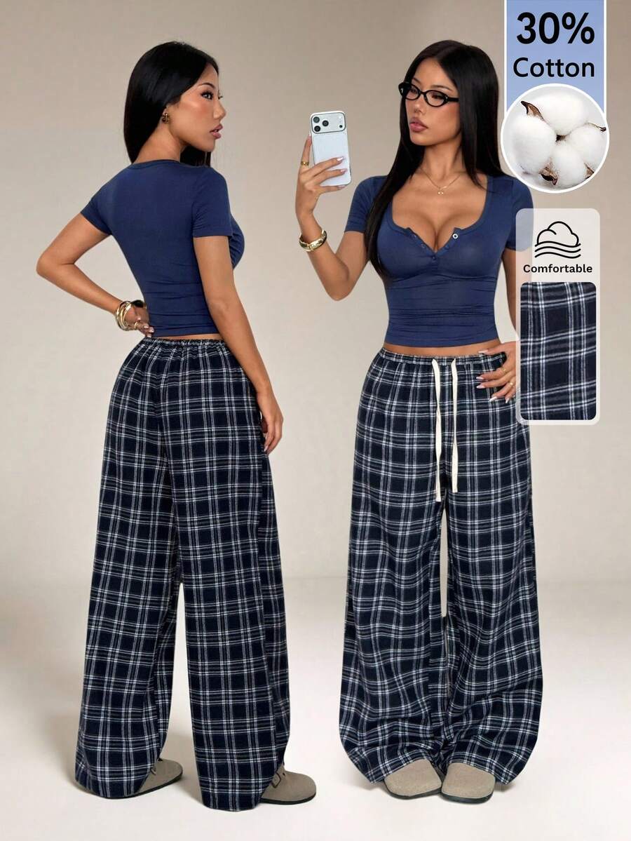SHEIN PETITE 女士纯色圆领短袖上衣搭配抽绳腰格纹阔腿裤休闲两件套,适合度假、居家办公等各种场合。 - 藏蓝色 - 查看 1