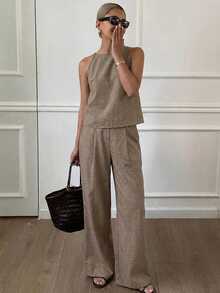 DAZY Women's Summer Striped Spaghetti Strap Top And Pants Casual 2 Pieces Set - Coffee Brown - View 4