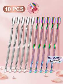 10-Piece Stainless Steel Double-Headed Cuticle Pusher/Trimmer Set, Professional And Durable Nail & Foot Care Tools For Fingernails And Toenails - Multicolor - View 1