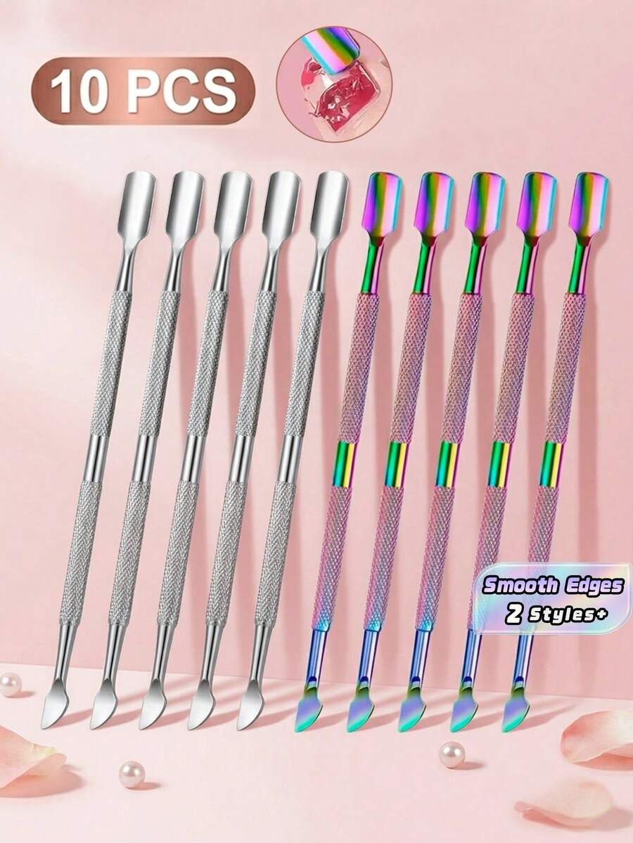 10-Piece Stainless Steel Double-Headed Cuticle Pusher/Trimmer Set, Professional And Durable Nail & Foot Care Tools For Fingernails And Toenails - Multicolor - View 1
