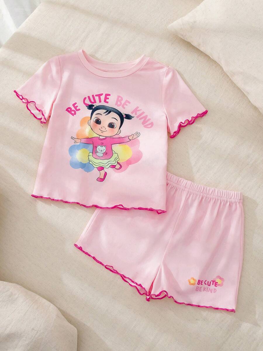 CoComelon X SHEIN 1件可爱女婴家居服套装，圆领短袖短裤，舒适婴儿家居服，Cocomelone联名款 - 彩色 - 查看 1