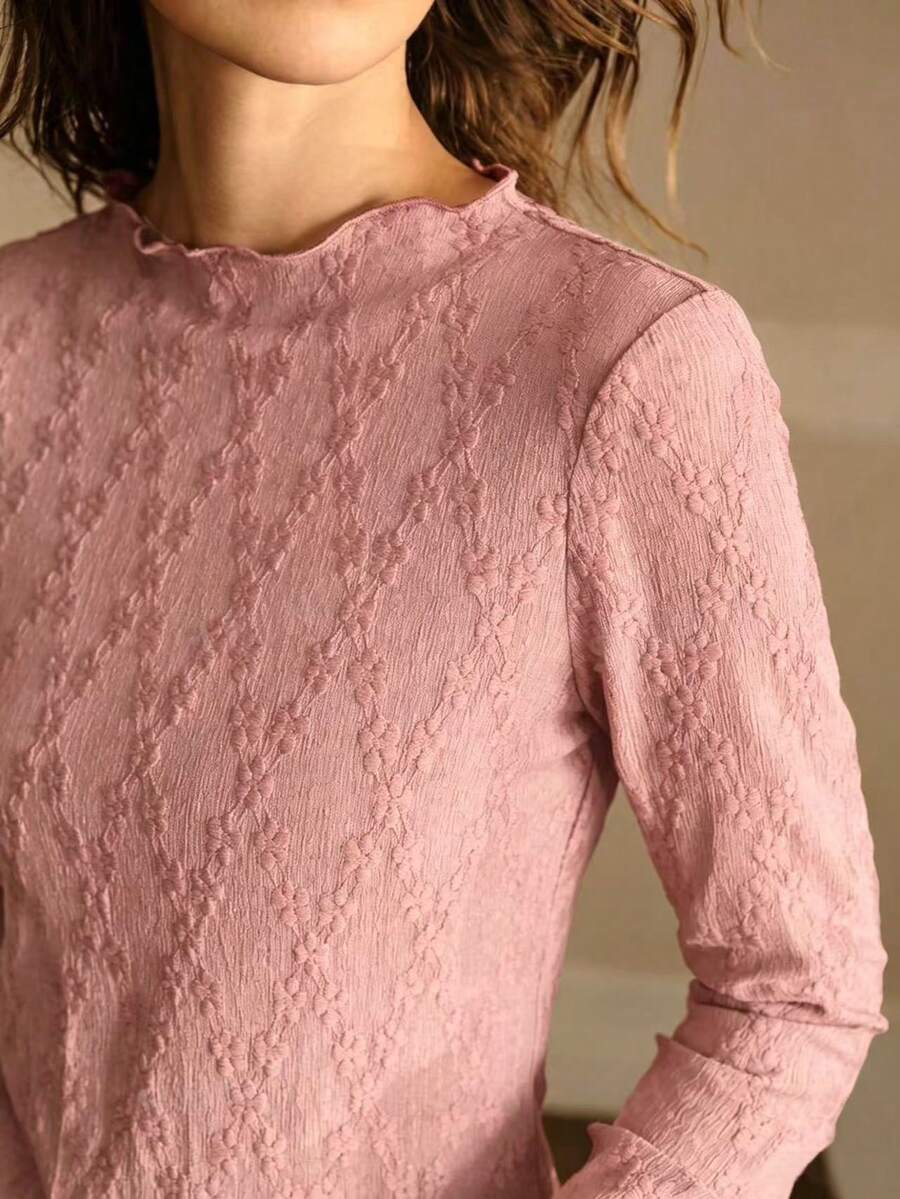 MOTF PREMIUM WOMEN'S SPRING/AUTUMN SOLID COLOR TEXTURED FABRIC LETTUCE TRIM LONG SLEEVE SLIM FIT T-SHIRT - Dusty Pink - View 2