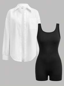 SHEIN Kids Teen Girls Bodysuits & Jumpsuits Spring Summer Autumn New Woven White Crepe Long Sleeve Shirt And Black Knit Basic Sleeveless Jumpsuit Casual Daily Streetwear 2pcs Set - Black and White - View 6
