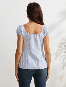 GentleRue Maternity Maternity Short Sleeve Square Neck Waist Knot Lace Bow Tie Design A-Line Striped Maternity Top - Blue and White - View 2
