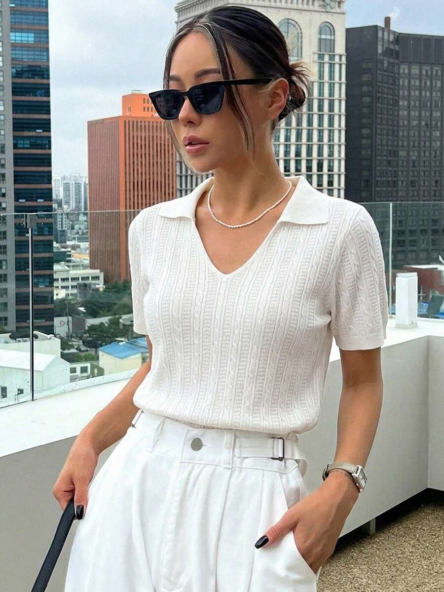 DAZY 女款純色 Polo 領短袖休閒針織上衣 春夏校園風 - 白色 - 查看 1