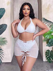 SHEIN Swim Curve Set Baju Renang Ukuran Besar Minimalis Desain Asimetris Musim Panas Baru 2026 untuk Pantai - Putih - View 5