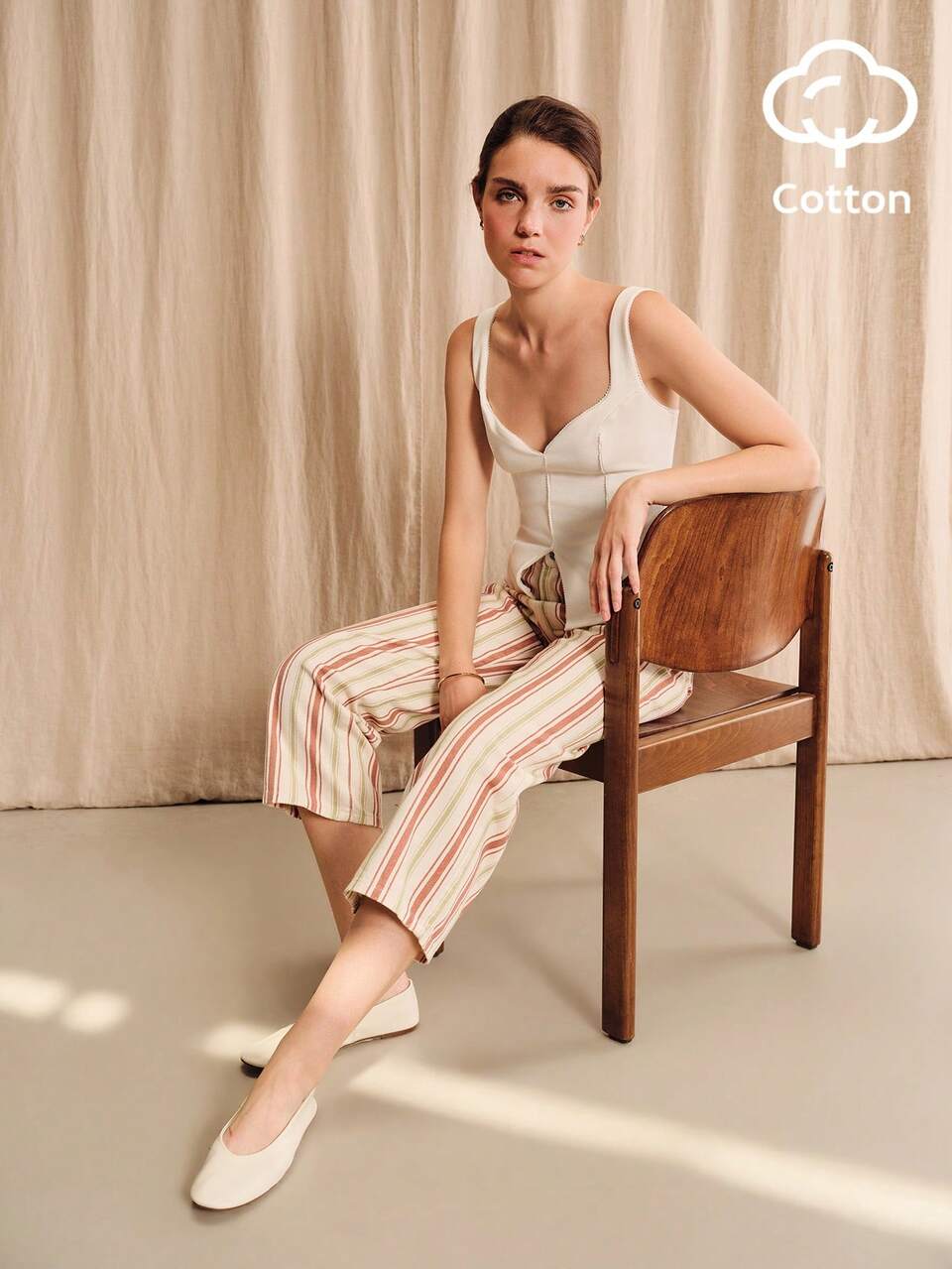 Vintage High-Waisted Ecru Jeans With Brown And Sage Green Stripes Summer Vacation Vintage Cotton Pants