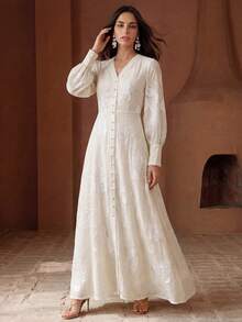 Anewsta Rochie lungă elegantă și romantică pentru femei, cu dantelă grea, brodată, cu decolteu în V, potrivită pentru serile formale, la modă, pentru ieșiri în oraș, pentru petreceri - Caisă - Vizualizare 4