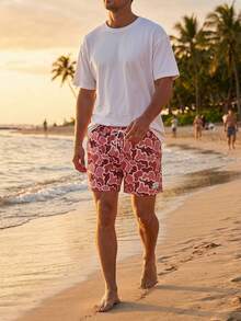 CoralVoy Men's Casual Camouflage Drawstring Waist Pocket Beach Shorts, Holiday - Rose Red - View 4