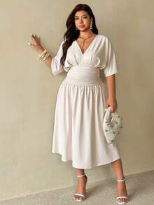 Auralis Plus Size Women Solid Color V-Neck Pleated Casual Party Dress - Apricot - View 1