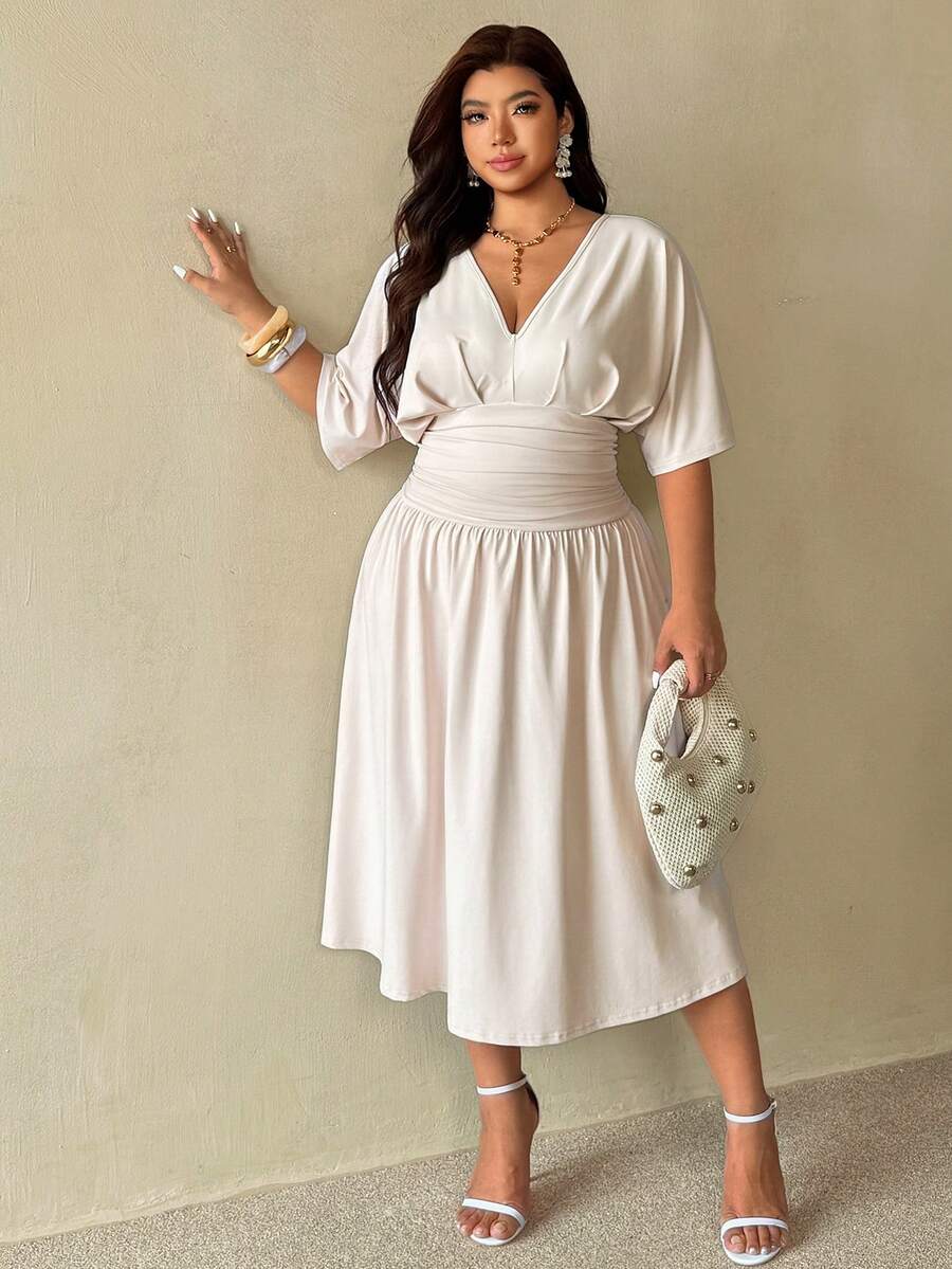 Auralis Plus Size Women Solid Color V-Neck Pleated Casual Party Dress - Apricot - View 1