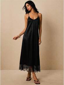 Poéselle Women's Loose Lace Hem Backless Halter Dress,Black Dress ,Lace-Trimmed Long Dress,Holiday Outfits Women,Summer Dress Holiday Vacation Elegant - Black - View 6