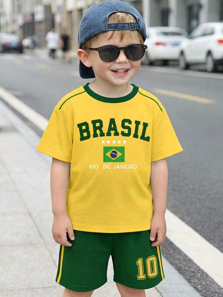 Young Boy Casual Simple T-Shirt Set, Classic Striped Sporty Pattern Print, Number 10 Text Print, Brazil Flag Pattern Print, Suitable For Sports, Suitable For Spring And Summer - Multicolor - View 1