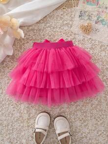 SHEIN Young Girl Mesh Overlay Layer Hem Belted Skirt - Hot Pink - View 2