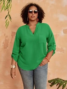 EMERY ROSE Women's Plus Size Solid Color Notch V-Neck Rolled Sleeve Shirt Fall - Green - View 1